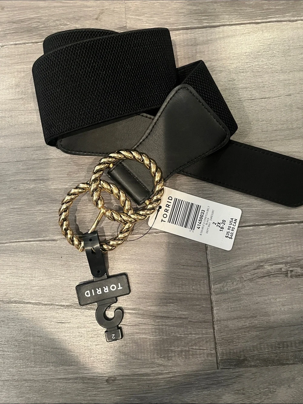 Torrid Black Wide Elastic Belt with Gold Twisted Double-Ring Buckle SZ 2